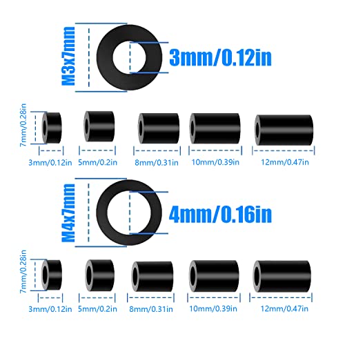 MOJOO 150 piezas Arandelas Espaciadoras Redondas de ABS Junta de Nylon, para Tornillos M3, M4 Espaciador de Soporte de Separación de Columna de Nailon con Caja