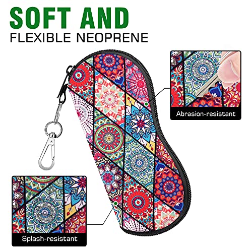 MoKo Funda de Gafas - 2 PZS [Ultra Ligero] Neopreno con Cremallera Almacenaje Lente Suave Sunglasses Case con Clip de Cinturón para Gafas, Bolsa de Llaves, Lápices, Tarjetas - Negro + Mandala Rombo