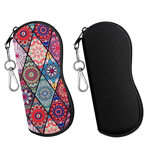 MoKo Funda de Gafas - 2 PZS [Ultra Ligero] Neopreno con Cremallera Almacenaje Lente Suave Sunglasses Case con Clip de Cinturón para Gafas, Bolsa de Llaves, Lápices, Tarjetas - Negro + Mandala Rombo