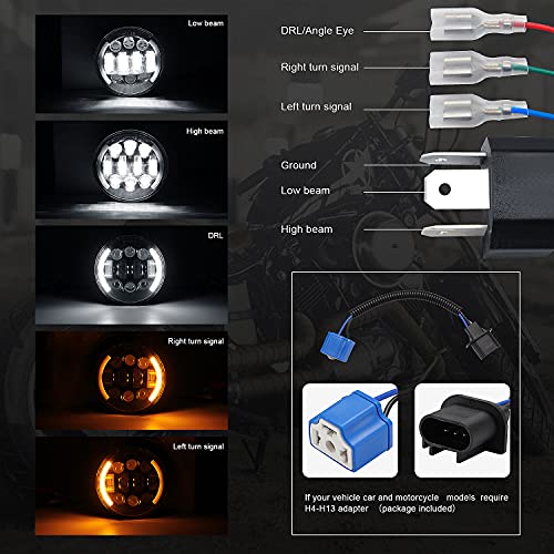 MONDEVIEW LED Moto Óptica Completo LED Cromado Faro Redondo 5 3/4" Cree LED Faros 55W 20000LM 6000K+4300K ​​Luz de Carretera Cruce Lenticular 9-30V HI LO Haz DRL Scooter Cable H4-H13