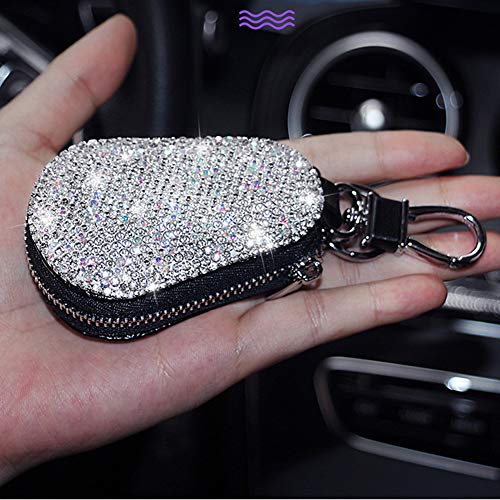 MoreChioce - Funda universal para llave de coche, diseño de diamantes de imitación, piel sintética, con gancho y llavero, color blanco