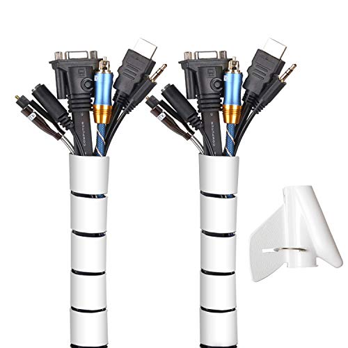 MOSOTECH Organizador Cables, Cubre Cables de 2 x 1,5m, Flexible Funda Organizador Cables, Organizador de Cables Mesa, Recoge Cables para Office y PC Escritorio-Blanca (Ø2.6cm y Ø2.2cm)