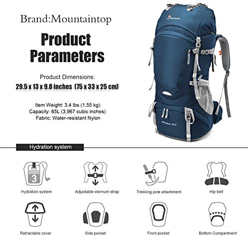 MOUNTAINTOP 55L/65L Mochila Trekking Hombre Mujer Mochila de Senderismo Gran Capacidad Mochilas de Montaña con Cubierta de Lluvia para Escalada Viaje Acampadas (65L-Zafiro)