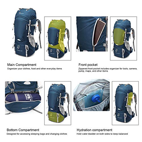 MOUNTAINTOP 55L/65L Mochila Trekking Hombre Mujer Mochila de Senderismo Gran Capacidad Mochilas de Montaña con Cubierta de Lluvia para Escalada Viaje Acampadas (65L-Zafiro)