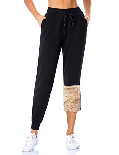 MOVE BEYOND Pantalones de Chándal Forrados de Sherpa con 2 Bolsillos Pantalonesde Salón con Cordón Ajustable de Yoga Entrenamiento, XL, Negro, Forro Polar