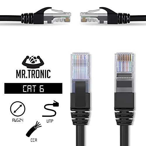 Mr. Tronic 15m Cable de Red Ethernet Trenzado | CAT6, CCA, UTP | Conectores RJ45 | LAN Gigabit de Alta Velocidad | Conexión a Internet | Ideal para PC, Router, Modem, Switch, TV (15 Metros, Negro)