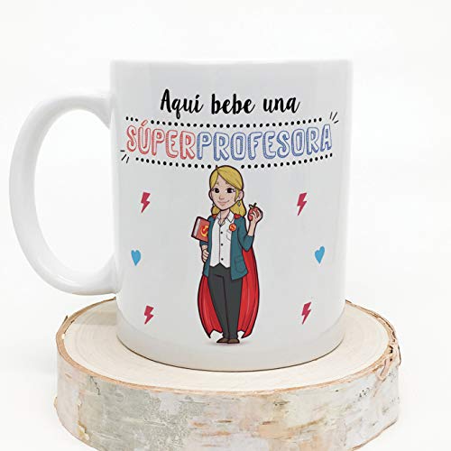 MUGFFINS Taza Profesora (Mujer) - Aquí Bebe una Súper Profesora - Regalos Originales para Profesoras y Maestras - Cerámica 350 ml / 11oz