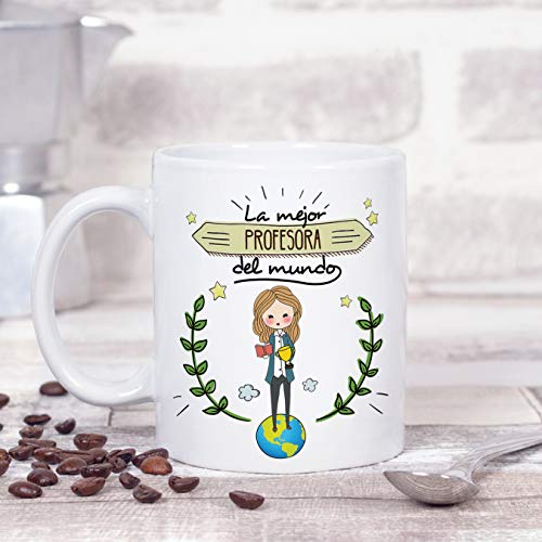 MUGFFINS Taza Profesora (Mujer) - La Mejor Profesora del Mundo (Modelo Girl) - Regalos Originales para Profesoras y Maestras - Cerámica 350 ml / 11oz