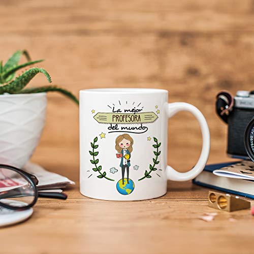 MUGFFINS Taza Profesora (Mujer) - La Mejor Profesora del Mundo (Modelo Girl) - Regalos Originales para Profesoras y Maestras - Cerámica 350 ml / 11oz