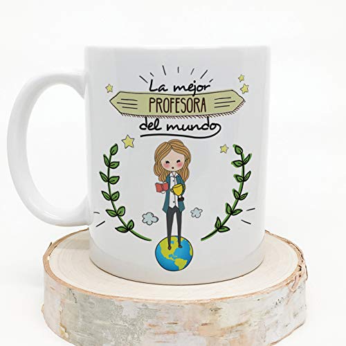 MUGFFINS Taza Profesora (Mujer) - La Mejor Profesora del Mundo (Modelo Girl) - Regalos Originales para Profesoras y Maestras - Cerámica 350 ml / 11oz