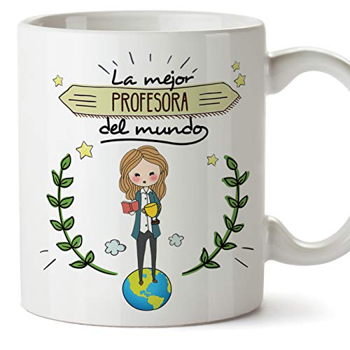 MUGFFINS Taza Profesora (Mujer) - La Mejor Profesora del Mundo (Modelo Girl) - Regalos Originales para Profesoras y Maestras - Cerámica 350 ml / 11oz