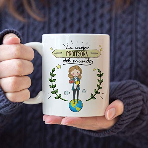 MUGFFINS Taza Profesora (Mujer) - La Mejor Profesora del Mundo (Modelo Girl) - Regalos Originales para Profesoras y Maestras - Cerámica 350 ml / 11oz