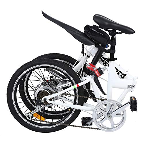 MuGuang Bicicleta Plegable, 20 Pulgadas, 7 velocidades, con luz LED y batería, Bolsa para Asiento y Campana para Bicicleta (Blanca)