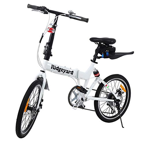 MuGuang Bicicleta Plegable, 20 Pulgadas, 7 velocidades, con luz LED y batería, Bolsa para Asiento y Campana para Bicicleta (Blanca)