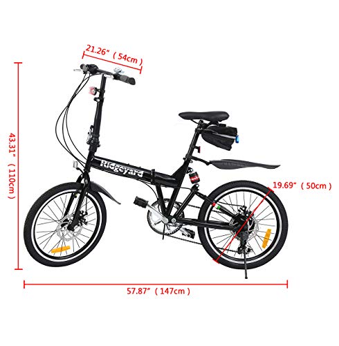 MuGuang Bicicleta Plegable, 20 Pulgadas, 7 velocidades, con luz LED y batería, Bolsa para Asiento y Campana para Bicicleta, Color Negro