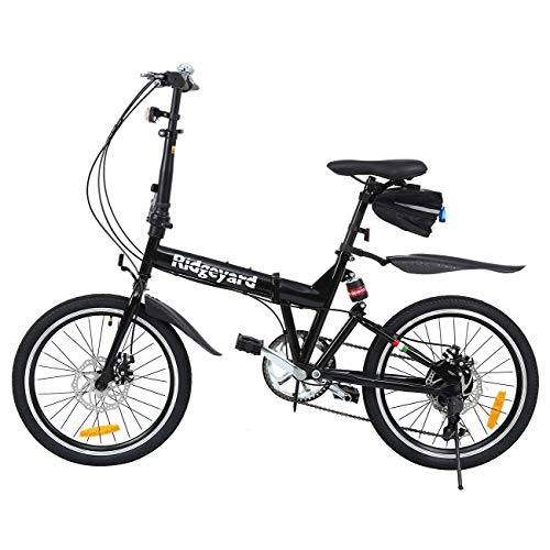 MuGuang Bicicleta Plegable, 20 Pulgadas, 7 velocidades, con luz LED y batería, Bolsa para Asiento y Campana para Bicicleta, Color Negro