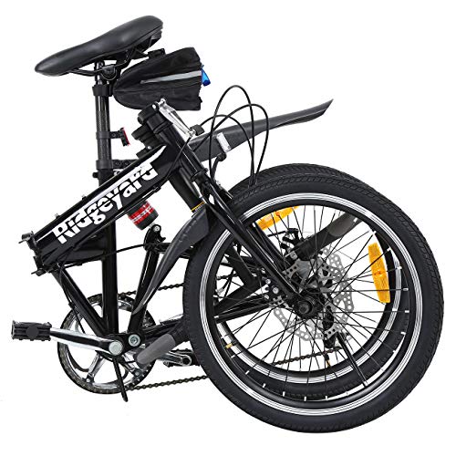 MuGuang Bicicleta Plegable, 20 Pulgadas, 7 velocidades, con luz LED y batería, Bolsa para Asiento y Campana para Bicicleta, Color Negro