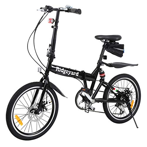 MuGuang Bicicleta Plegable, 20 Pulgadas, 7 velocidades, con luz LED y batería, Bolsa para Asiento y Campana para Bicicleta, Color Negro