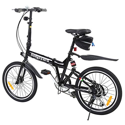 MuGuang Bicicleta Plegable, 20 Pulgadas, 7 velocidades, con luz LED y batería, Bolsa para Asiento y Campana para Bicicleta, Color Negro