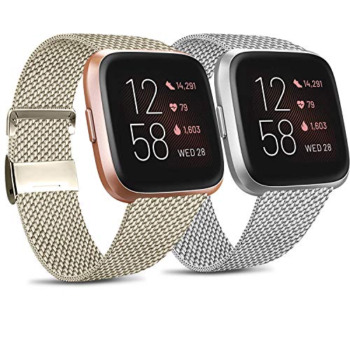 Mugust 2 Correas Compatibles con Fitbit Versa 2 Correa La Capacidad de Bloqueo Única de Correa de Metal de Acero Inoxidable es Adecuada para Hombres y Mujeres (L, Oro Vintage + Plata)