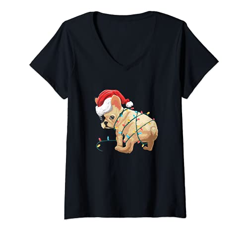 Mujer Bulldog francés como regalo de Santa Claus Camiseta Cuello V