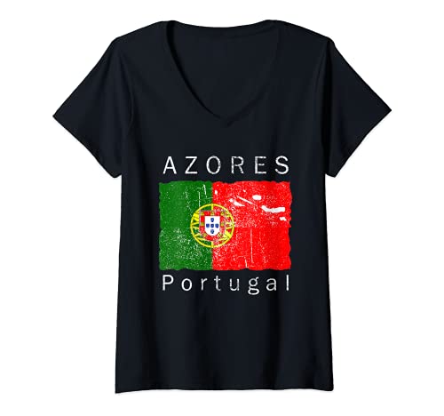 Mujer Camiseta con bandera portuguesa de las Islas Azores I Love Portugal Camiseta Cuello V