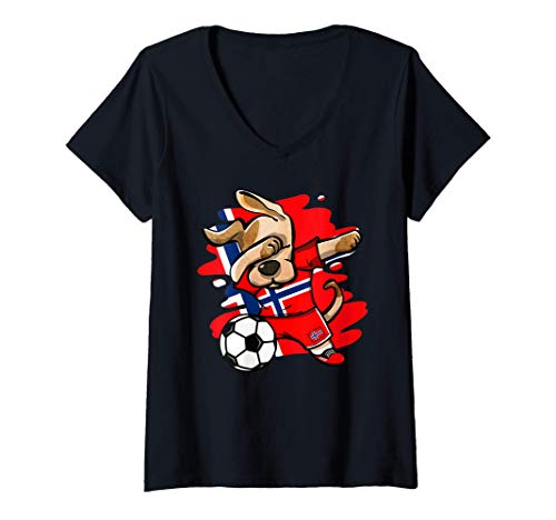Mujer Divertido Dabbing Perro Fútbol de Noruega - Bandera Deporte Camiseta Cuello V