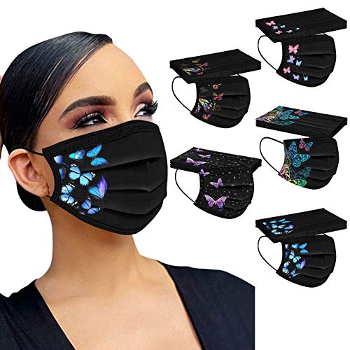 Mumustar 50 mascarillas desechables para adultos negra Serie de elementos de mariposa, agradable a la piel y cómodo Adecuado para salir, ir de fiesta (A)