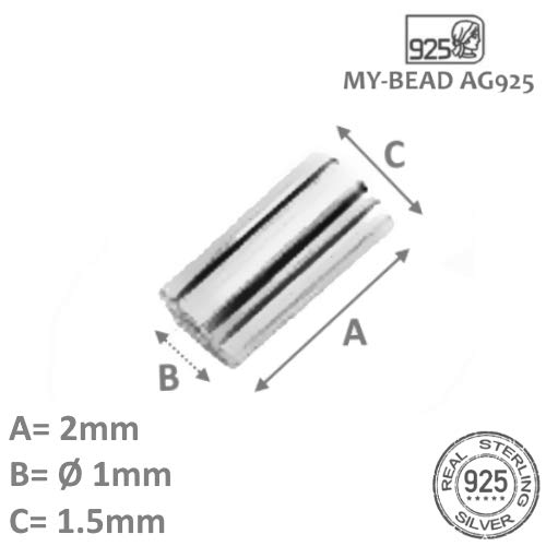 My-Bead 20 Piezas chafas Tubos 2mm x Ø 1mm Plata de Ley 925 sin Juntas Accesorios de joyería de Calidad DIY