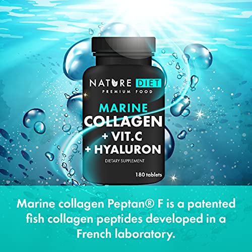 Nature Diet - Colágeno marino con ácido hialurónico y vitamina C, 180 tabletas, 500 mg | Peptan F | Colágeno de pescado