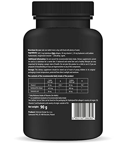 Nature Diet - Colágeno marino con ácido hialurónico y vitamina C, 180 tabletas, 500 mg | Peptan F | Colágeno de pescado