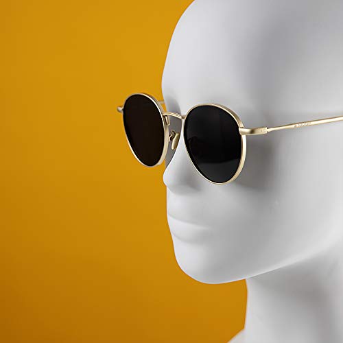 Navaris Gafas de sol redondeadas polarizadas - Sunglasses redondas estilo retro para hombre y mujer - Con protección UV y funda - Negro y dorado