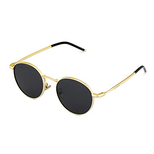 Navaris Gafas de sol redondeadas polarizadas - Sunglasses redondas estilo retro para hombre y mujer - Con protección UV y funda - Negro y dorado