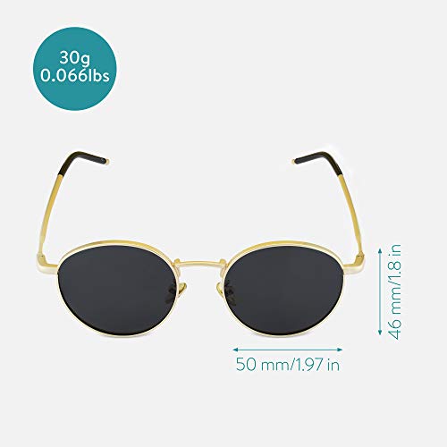 Navaris Gafas de sol redondeadas polarizadas - Sunglasses redondas estilo retro para hombre y mujer - Con protección UV y funda - Negro y dorado