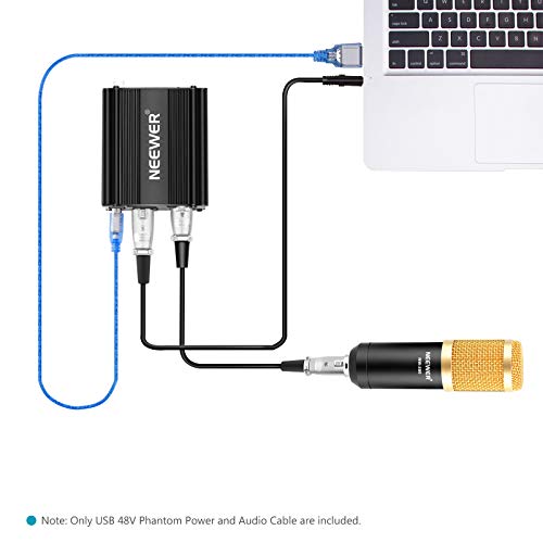 Neewer 1-Canal 48V Fuente de Alimentación Fantasma con 1,5 metros USB Cable, BONUS+XLR 3 Pin Cable de Micrófono para Cualquier Micrófono Equipo Grabación Música