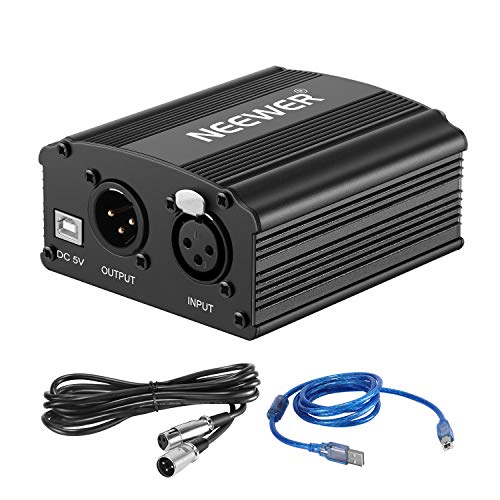 Neewer 1-Canal 48V Fuente de Alimentación Fantasma con 1,5 metros USB Cable, BONUS+XLR 3 Pin Cable de Micrófono para Cualquier Micrófono Equipo Grabación Música