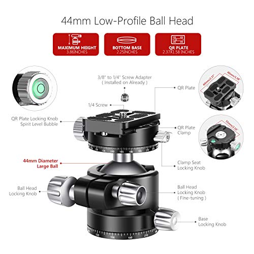 Neewer 44mm Cabezal Bola Bajo Perfil Cabezal Trípode Cámara Panorámica con Placa QR 360° y Abrazadera CNC Metal Doble Muesca en U para Cámaras DSLR Trípodes Monopie Carga 25kg Modo Vertical/Horizontal