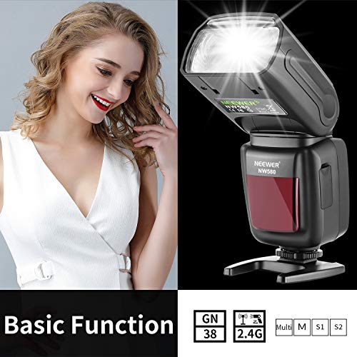 Neewer Flash Inalámbrico Speedlite para Canon Nikon Sony Panasonic Olympus Fujifilm y Cámaras DSLR con Zapata Estándar, Pantalla LCD, Sistema Inalámbrico 2,4G y Transmisor (NW580)