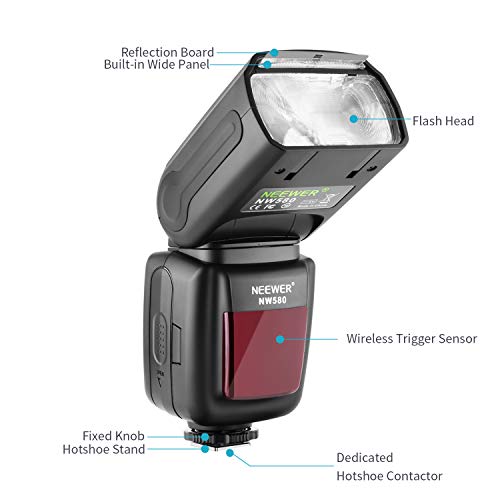 Neewer Flash Inalámbrico Speedlite para Canon Nikon Sony Panasonic Olympus Fujifilm y Cámaras DSLR con Zapata Estándar, Pantalla LCD, Sistema Inalámbrico 2,4G y Transmisor (NW580)