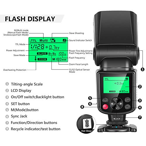 Neewer NW-670 TTL Flash Speedlite para Canon 7D Mark II, 5D Mark II III, IV, 1300D, 1200D, 1100D, 750D, 700D, 650D, 600D, 500D, 100D, 80D, 70D, 60D y Otras Cámaras DSLR Canon