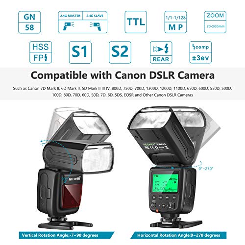 Neewer NW655-C 2.4G HSS 1/8000s TTL GN58 Flash Maestro Esclavo Inalámbrico Speedlite para Canon DSLR 800D/750D/700D/650D/600D/7D2/7D/6D2/6D/5D4/5D3/5D2/5DS/1D4/1D3/100D/80D/70D/60D/EOSR Cámaras