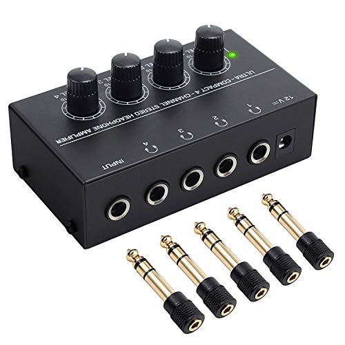 Neoteck Amplificador de Auriculares 4 Canales Ultra-Compacto Estéreo Auricular amp con 5 Piezas de Adaptador 6.35mm (1/4 Inch) a 3.5mm (1/8 Inch) y Adaptador de Energía