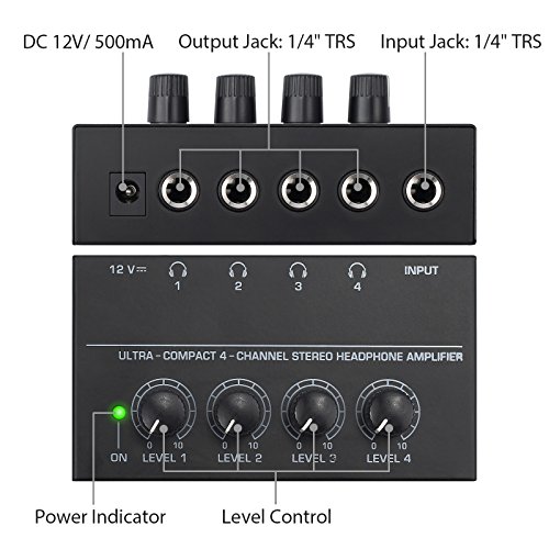 Neoteck Amplificador de Auriculares 4 Canales Ultra-Compacto Estéreo Auricular amp con 5 Piezas de Adaptador 6.35mm (1/4 Inch) a 3.5mm (1/8 Inch) y Adaptador de Energía