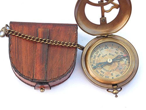 NEOVIVID Brújula de latón con funda de cuero y cadena – brújula abierta – accesorio Steampunk – acabado anticuado – hermoso regalo hecho a mano – reloj de sol