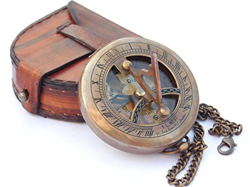 NEOVIVID Brújula de latón con funda de cuero y cadena – brújula abierta – accesorio Steampunk – acabado anticuado – hermoso regalo hecho a mano – reloj de sol