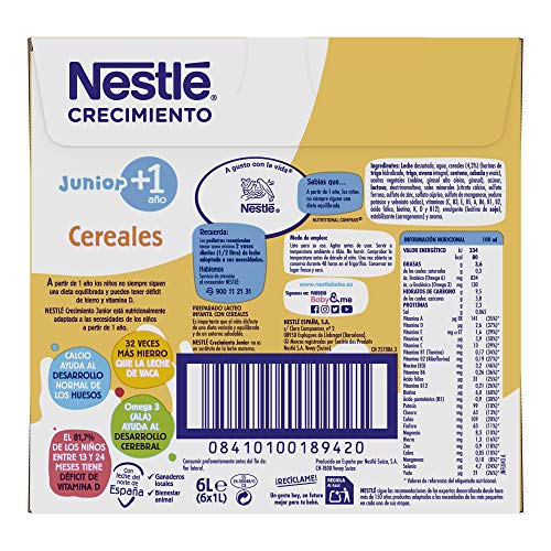 Nestlé Junior1+ Preparado Lácteo Infantil con Cereales, 1 Año +, 6 x 1L