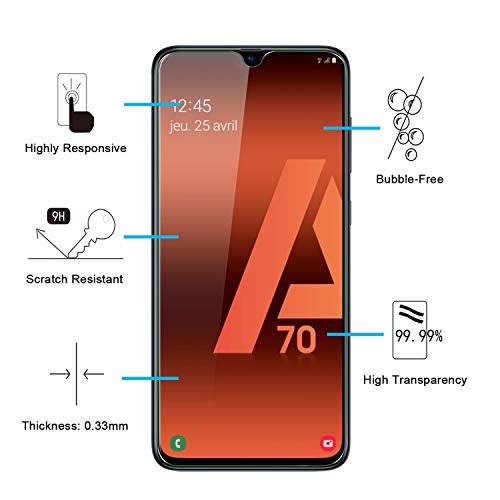 NEW'C 2 Unidades, Protector de Pantalla para Samsung Galaxy A70, Antiarañazos, Antihuellas, Sin Burbujas, Dureza 9H, 0.33 mm Ultra Transparente, Vidrio Templado Ultra Resistente