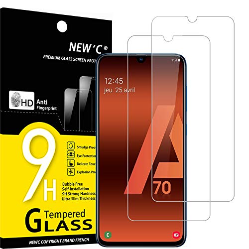 NEW'C 2 Unidades, Protector de Pantalla para Samsung Galaxy A70, Antiarañazos, Antihuellas, Sin Burbujas, Dureza 9H, 0.33 mm Ultra Transparente, Vidrio Templado Ultra Resistente