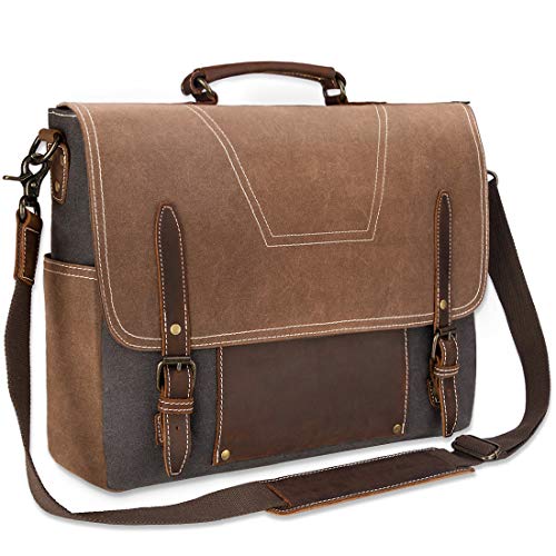 NEWHEY Bolsa Mensajero Maletin Hombre Vintage Resistentes Bolso Bandolera Hombre Impermeable Lona Bandolera para Ordenador Portátil 15.6 Marrón