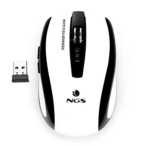 NGS FLEA ADVANCED WHITE - Ratón Óptico Inalámbrico 2.4GHz, Ratón USB para Ordenador o Laptop Con 5 Botones y Scroll, 800/1600dpi, Blanco y Negro